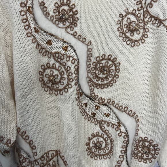 Vintage Christine Long Sleeve Sweater Beaded Embellished Cream Size M 80s 90s - Picture 3 of 7